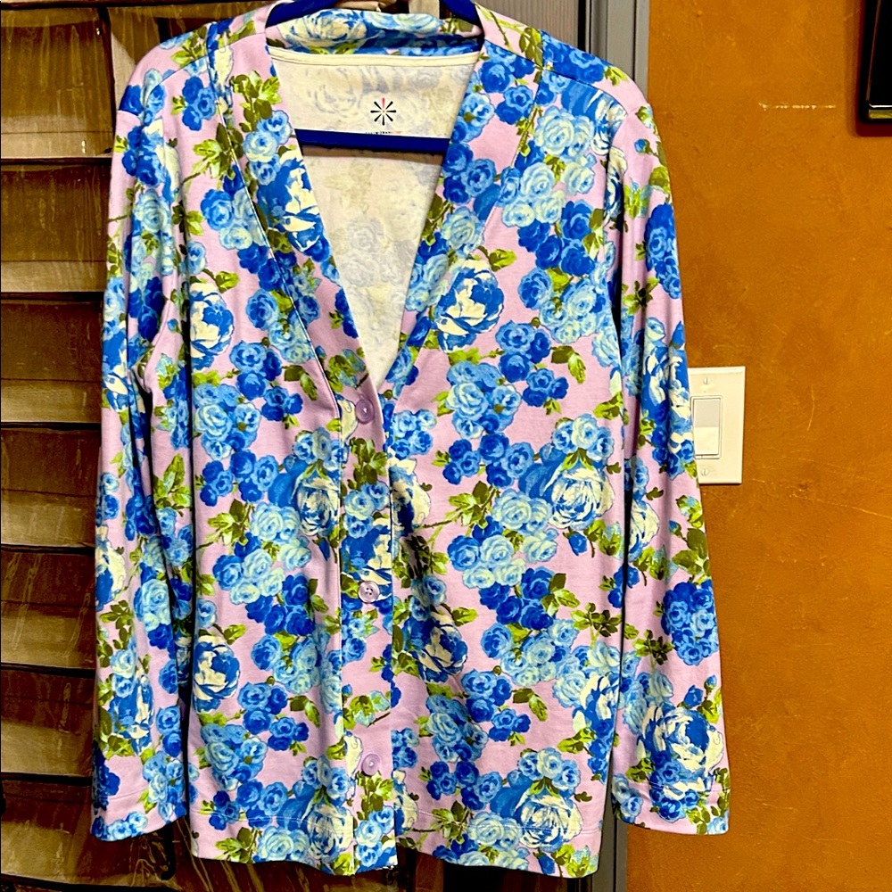 Isaac Mizrahi Blue and White Floral Cardigan